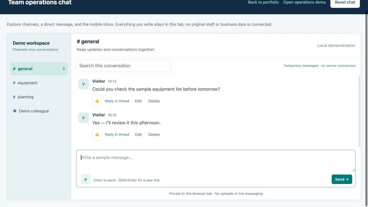 Team chat portfolio demo with made-up messages