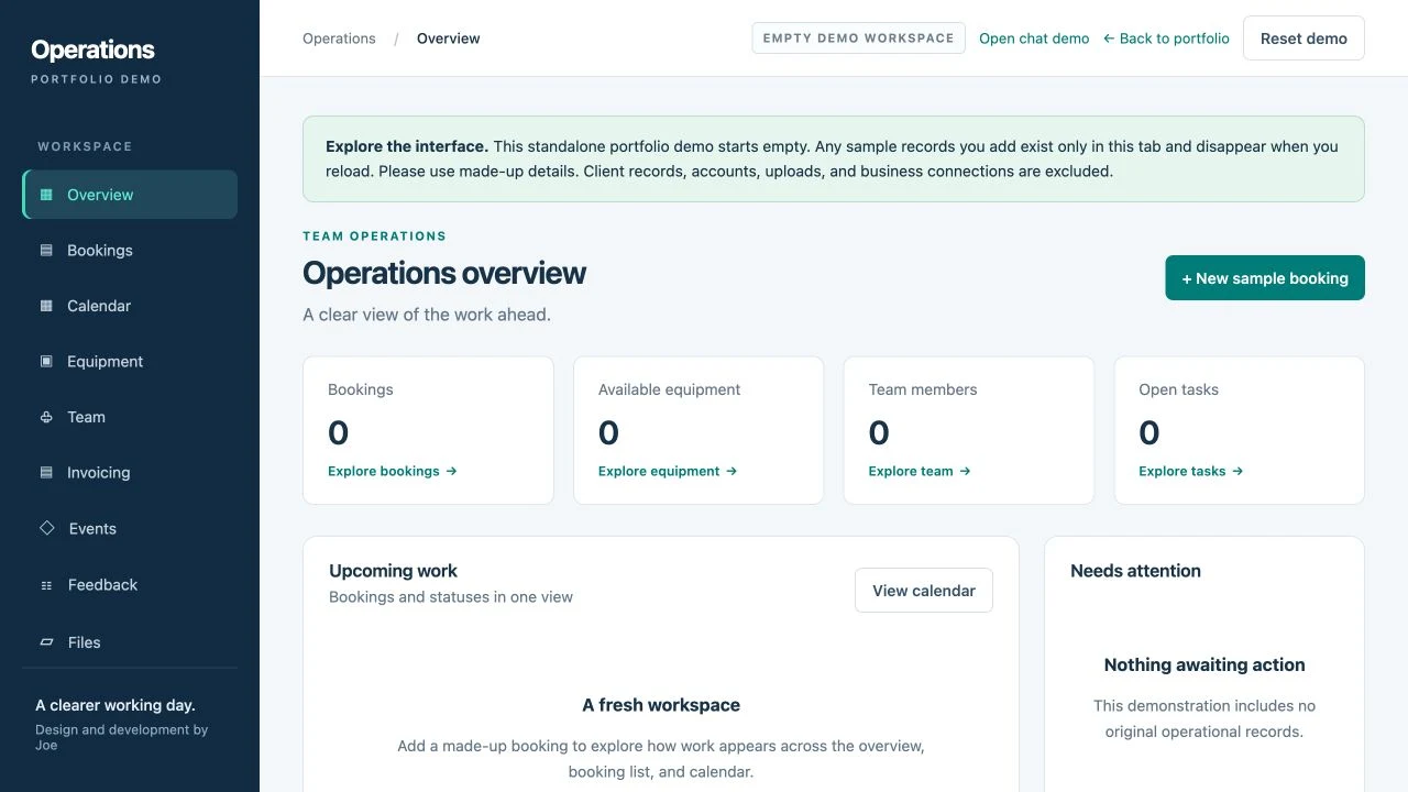 Team operations CRM portfolio demo: clean overview and an empty workspace